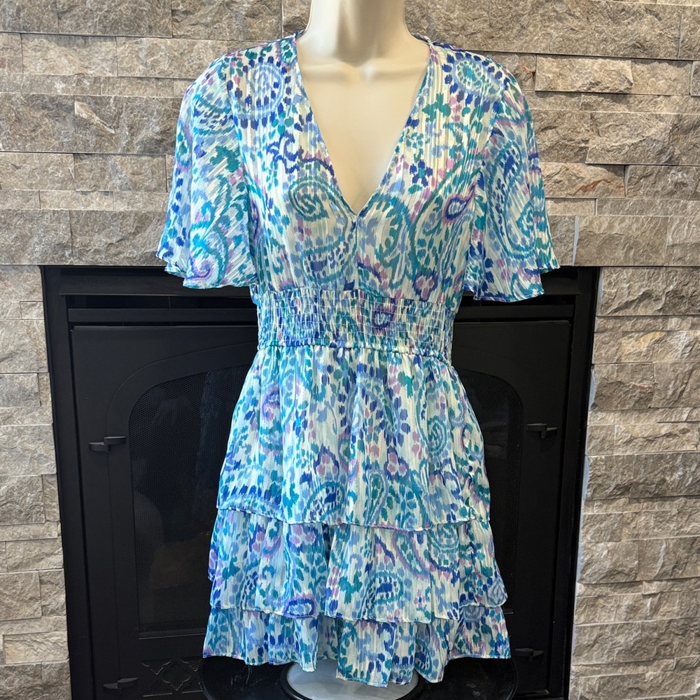 Zara Blue, Teal & Purple Pleated Sheer Dress With Gold Shimmer Accents